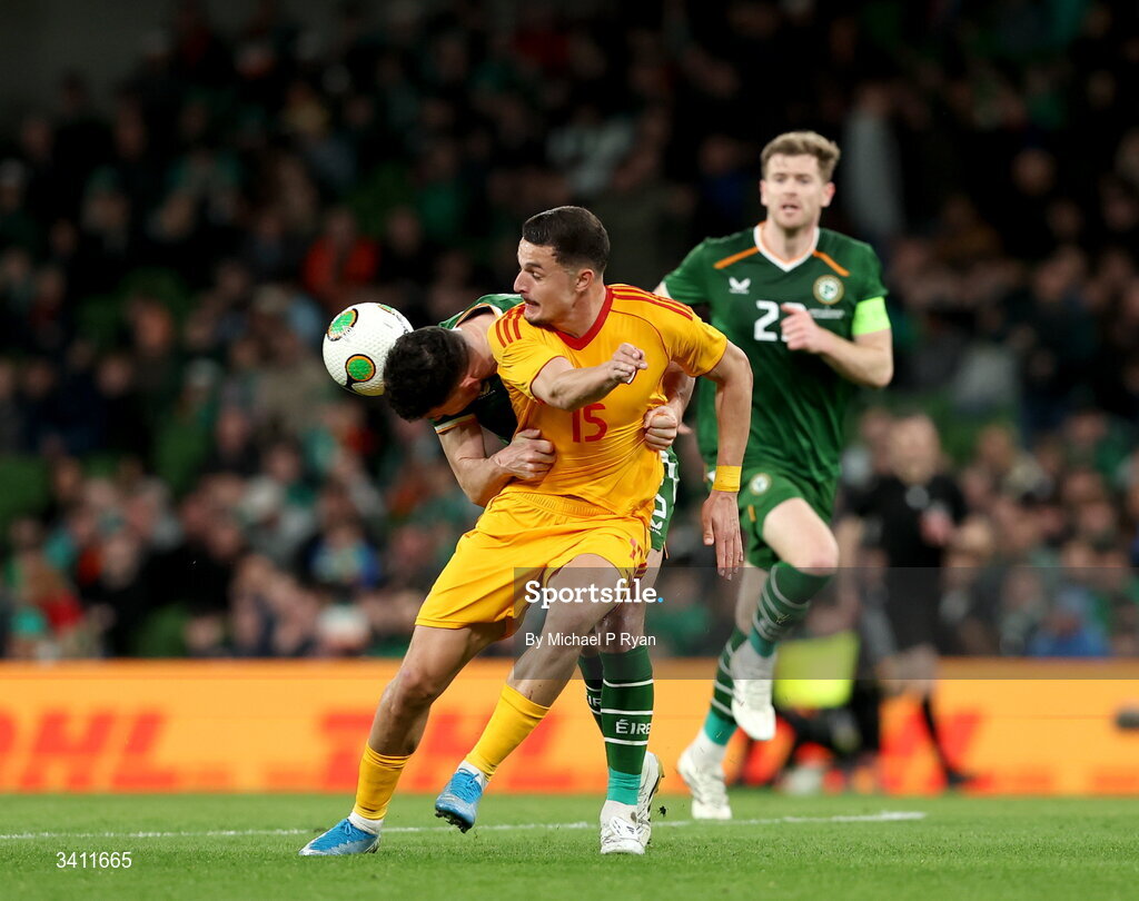 31 March 2026; John Egan of Republic of Ireland in action against Elmin Rastoder of North Macedonia during the international friendly match between Republic of Ireland and North Macedonia at Aviva Stadium in Dublin. Photo by Michael P Ryan/Sportsfile