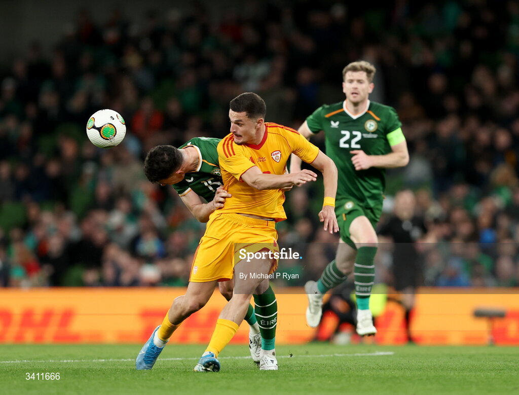 31 March 2026; John Egan of Republic of Ireland in action against Elmin Rastoder of North Macedonia during the international friendly match between Republic of Ireland and North Macedonia at Aviva Stadium in Dublin. Photo by Michael P Ryan/Sportsfile