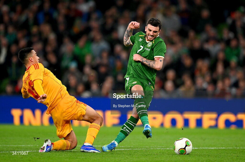 31 March 2026; Troy Parrott of Republic of Ireland has a shot on goal blocked by Tihomir Kostadinov of North Macedonia during the international friendly match between Republic of Ireland and North Macedonia at Aviva Stadium in Dublin. Photo by Stephen McCarthy/Sportsfile