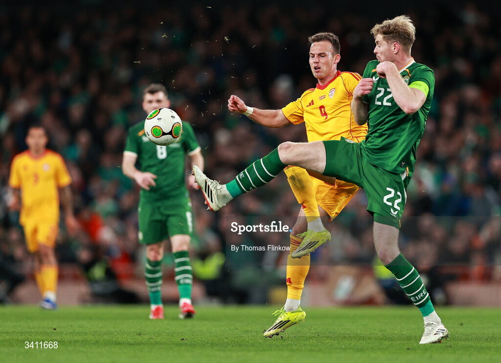 31 March 2026; Nathan Collins of Republic of Ireland in action against Daniel Musovski of North Macedonia during the international friendly match between Republic of Ireland and North Macedonia at Aviva Stadium in Dublin. Photo by Thomas Flinkow/Sportsfile