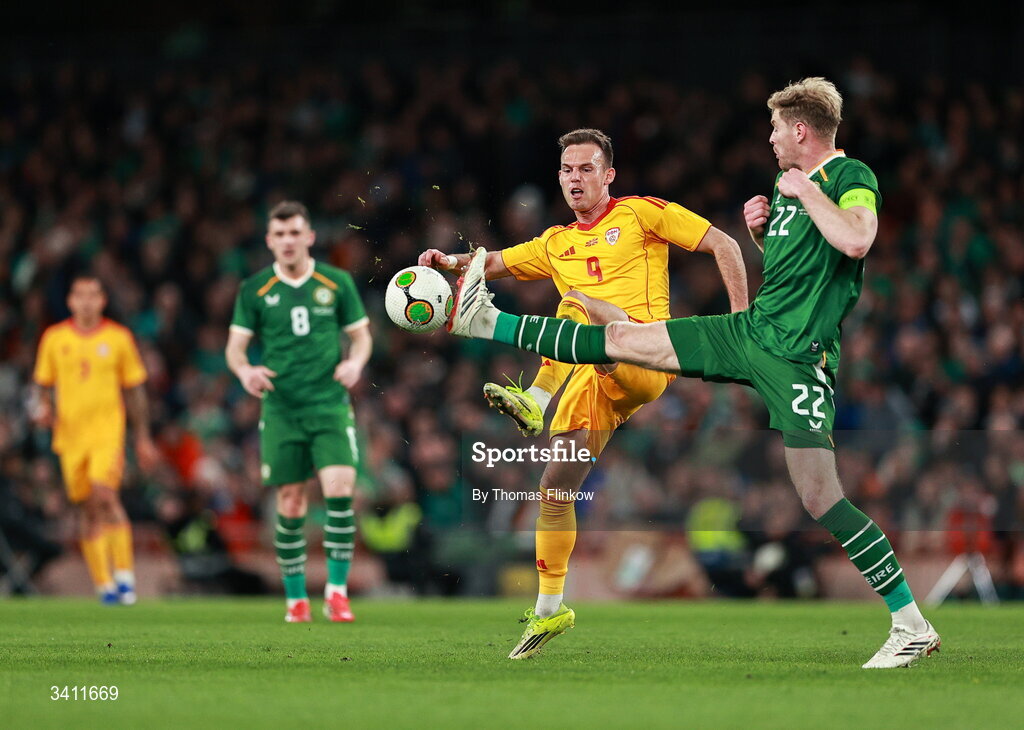 31 March 2026; Nathan Collins of Republic of Ireland in action against Daniel Musovski of North Macedonia during the international friendly match between Republic of Ireland and North Macedonia at Aviva Stadium in Dublin. Photo by Thomas Flinkow/Sportsfile