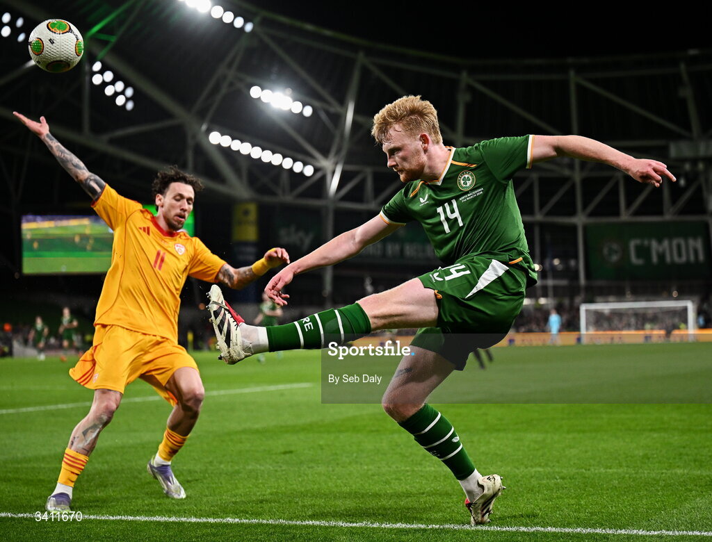 31 March 2026; Liam Scales of Republic of Ireland in action against Darko Churlinov of North Macedonia during the international friendly match between Republic of Ireland and North Macedonia at the Aviva Stadium in Dublin. Photo by Seb Daly/Sportsfile