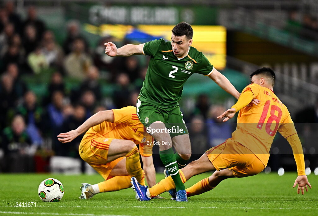 31 March 2026; Seamus Coleman of Republic of Ireland in action against Imran Fetai and Tihomir Kostadinov of North Macedonia during the international friendly match between Republic of Ireland and North Macedonia at the Aviva Stadium in Dublin. Photo by Seb Daly/Sportsfile