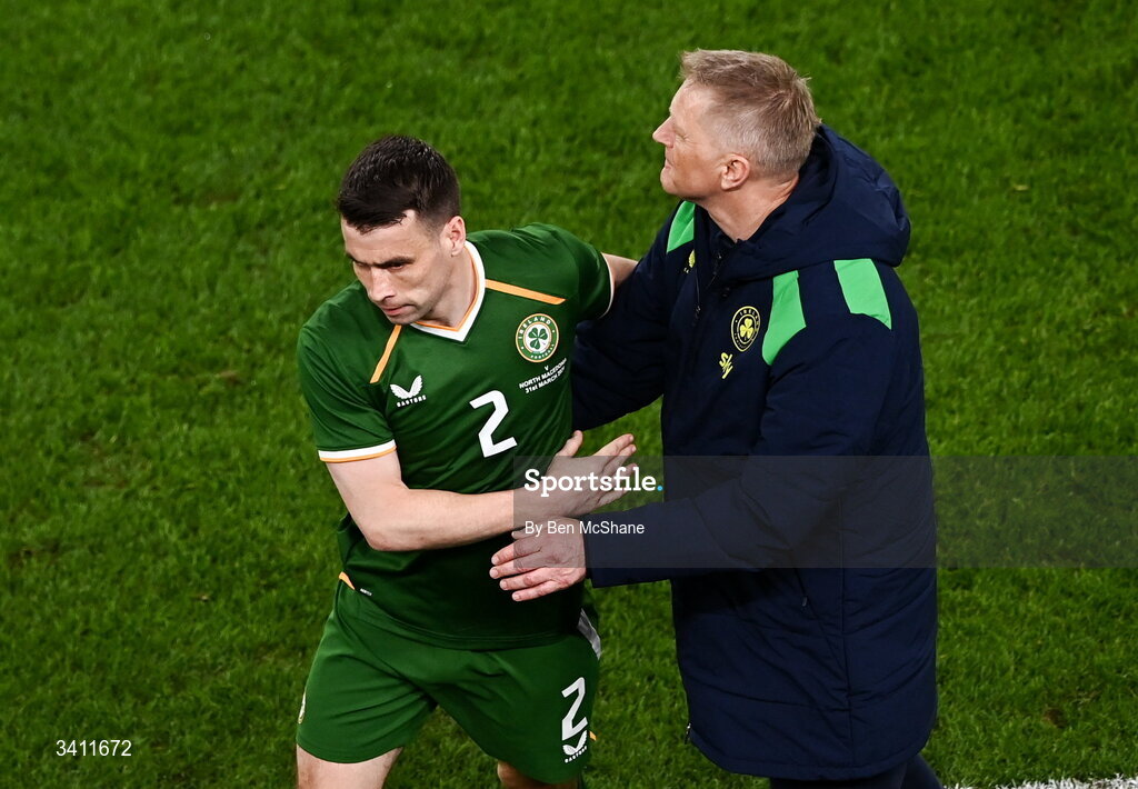 31 March 2026; Seamus Coleman of Republic of Ireland with manager Heimir Hallgrimsson upon being substituted during the international friendly match between Republic of Ireland and North Macedonia at Aviva Stadium in Dublin. Photo by Ben McShane/Sportsfile