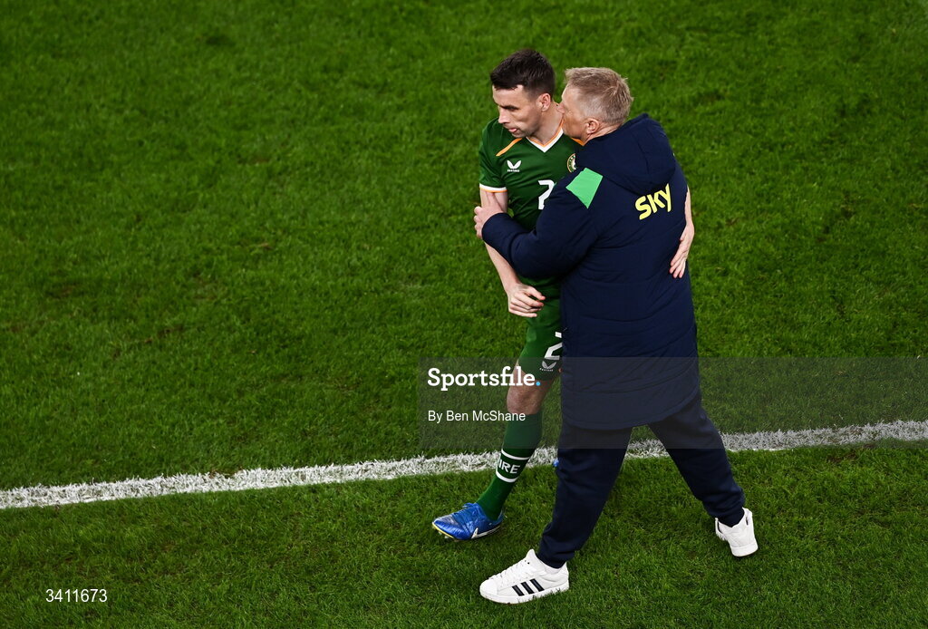 31 March 2026; Seamus Coleman of Republic of Ireland with manager Heimir Hallgrimsson upon being substituted during the international friendly match between Republic of Ireland and North Macedonia at Aviva Stadium in Dublin. Photo by Ben McShane/Sportsfile