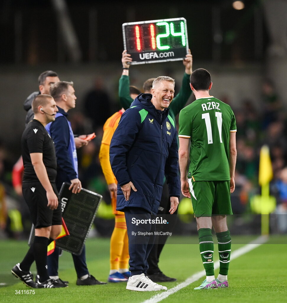 31 March 2026; Finn Azaz of Republic of Ireland with manager Heimir Hallgrimsson upon being substituted during the international friendly match between Republic of Ireland and North Macedonia at Aviva Stadium in Dublin. Photo by Stephen McCarthy/Sportsfile