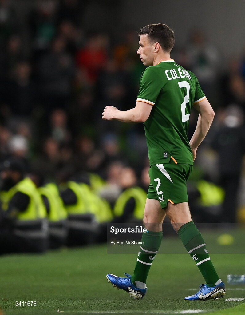 31 March 2026; Seamus Coleman of Republic of Ireland leaves the pitch upon being substituted during the international friendly match between Republic of Ireland and North Macedonia at Aviva Stadium in Dublin. Photo by Ben McShane/Sportsfile