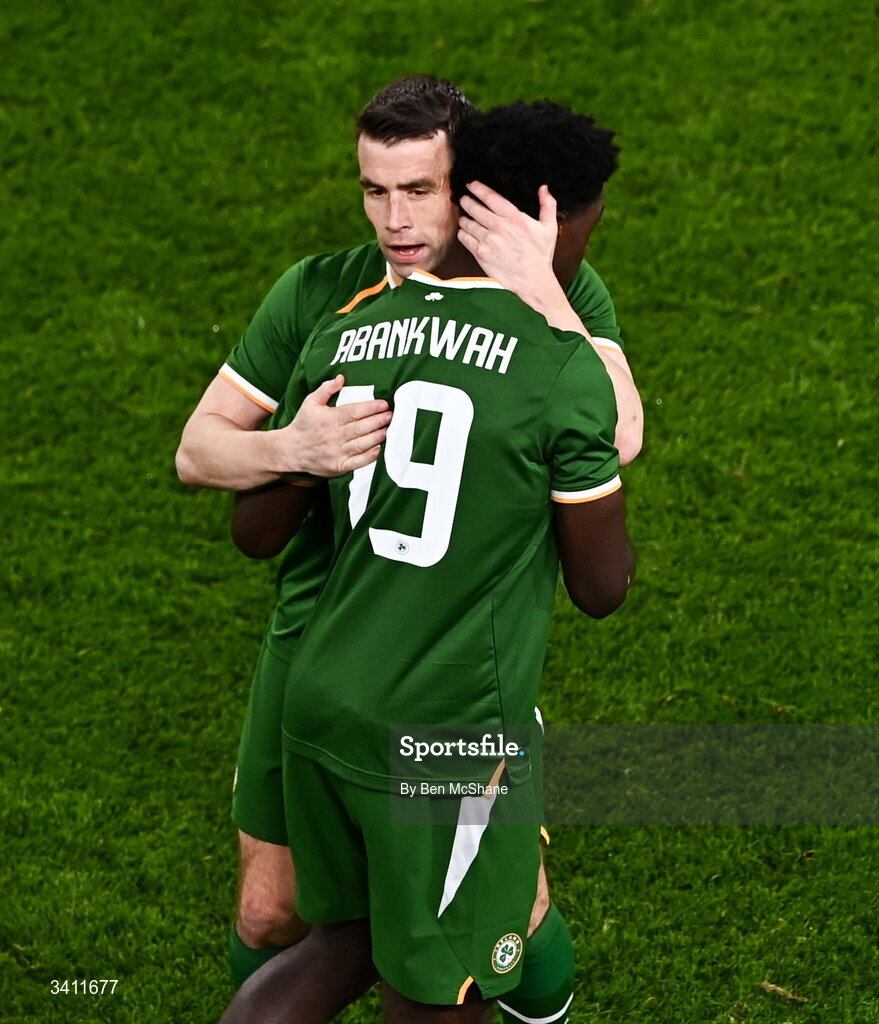 31 March 2026; Seamus Coleman of Republic of Ireland with teammate James Abankwah, 19, upon being substituted during the international friendly match between Republic of Ireland and North Macedonia at Aviva Stadium in Dublin. Photo by Ben McShane/Sportsfile