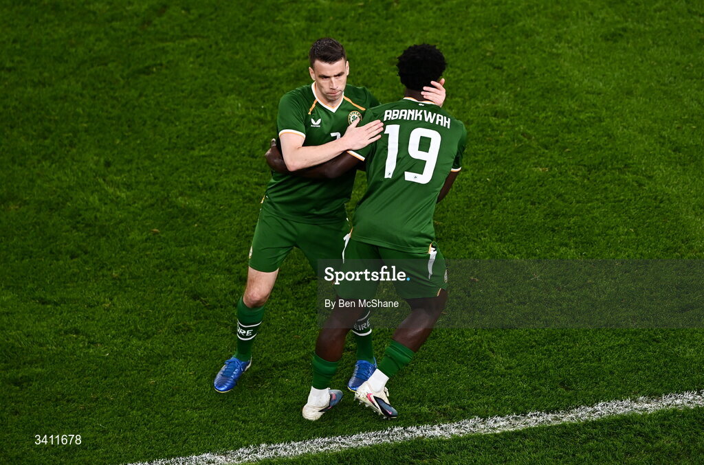 31 March 2026; Seamus Coleman of Republic of Ireland with teammate James Abankwah, 19, upon being substituted during the international friendly match between Republic of Ireland and North Macedonia at Aviva Stadium in Dublin. Photo by Ben McShane/Sportsfile