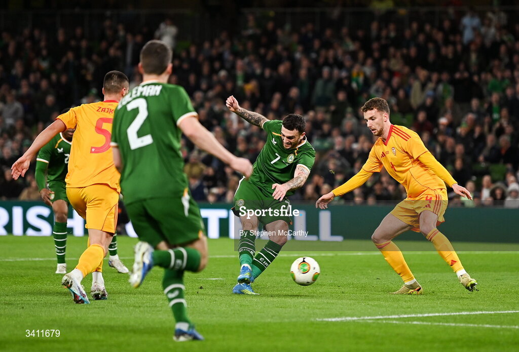 31 March 2026; Troy Parrott of Republic of Ireland has a shot on goal during the international friendly match between Republic of Ireland and North Macedonia at Aviva Stadium in Dublin. Photo by Stephen McCarthy/Sportsfile