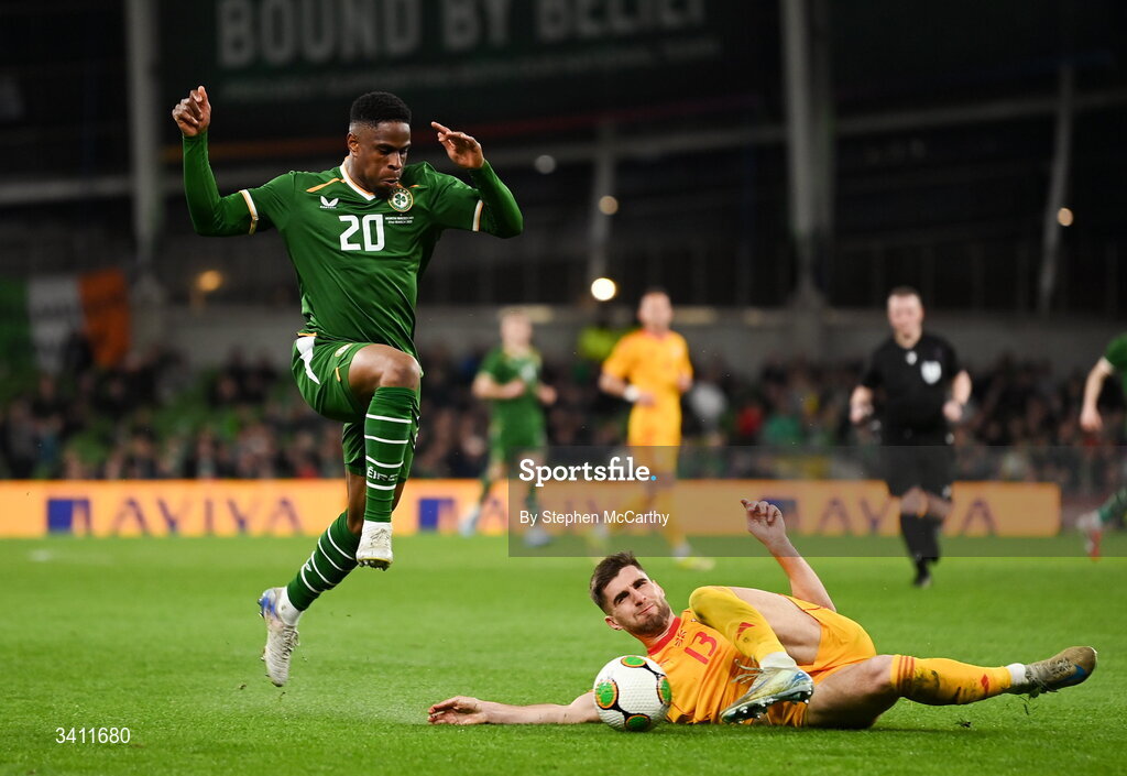 31 March 2026; Chiedozie Ogbene of Republic of Ireland in action against Imran Fetai of North Macedonia during the international friendly match between Republic of Ireland and North Macedonia at Aviva Stadium in Dublin. Photo by Stephen McCarthy/Sportsfile