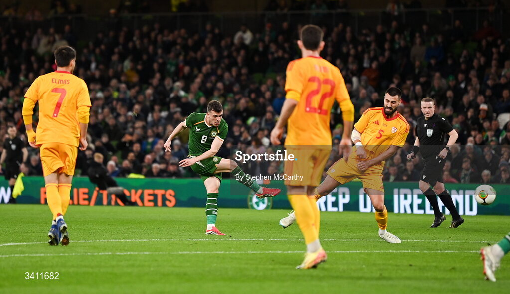 31 March 2026; Jason Knight of Republic of Ireland has a shot on goal during the international friendly match between Republic of Ireland and North Macedonia at Aviva Stadium in Dublin. Photo by Stephen McCarthy/Sportsfile