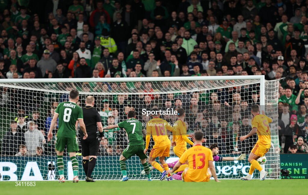 31 March 2026; Troy Parrott of Republic of Ireland watches as his shot on goal hits the post during the international friendly match between Republic of Ireland and North Macedonia at Aviva Stadium in Dublin. Photo by Michael P Ryan/Sportsfile