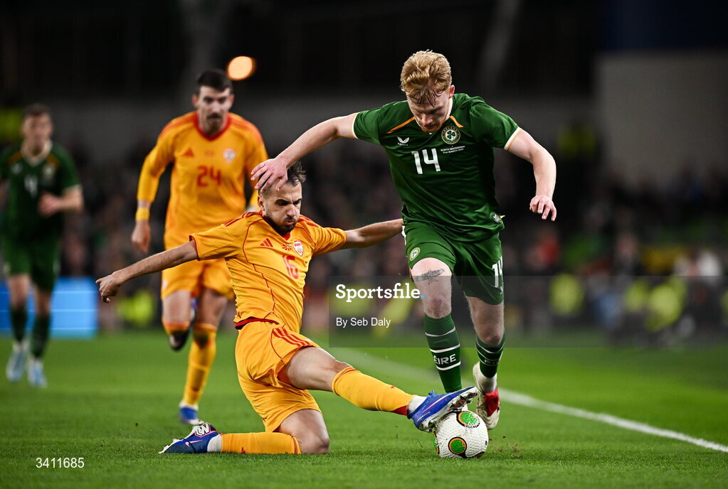 31 March 2026; Liam Scales of Republic of Ireland in action against Boban Nikolov of North Macedonia during the international friendly match between Republic of Ireland and North Macedonia at the Aviva Stadium in Dublin. Photo by Seb Daly/Sportsfile
