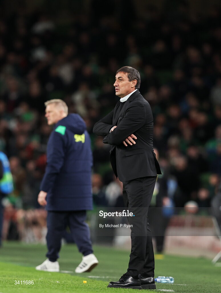 31 March 2026; North Macedonia head coach Goce Sedloski during the international friendly match between Republic of Ireland and North Macedonia at Aviva Stadium in Dublin. Photo by Michael P Ryan/Sportsfile