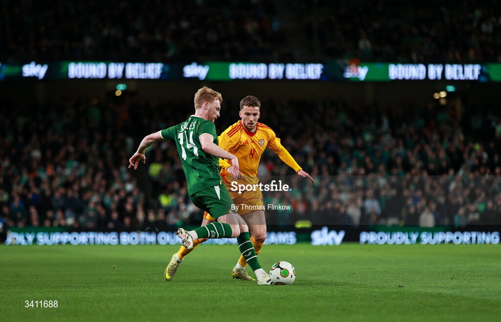 31 March 2026; Liam Scales of Republic of Ireland in action against Nikola Serafimov of North Macedonia during the international friendly match between Republic of Ireland and North Macedonia at Aviva Stadium in Dublin. Photo by Thomas Flinkow/Sportsfile
