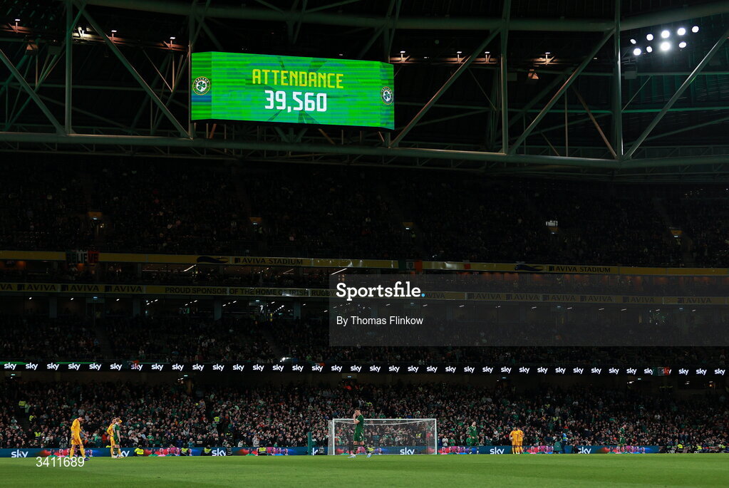 31 March 2026; The attendance of 39560 is seen on the big screen during the international friendly match between Republic of Ireland and North Macedonia at Aviva Stadium in Dublin. Photo by Thomas Flinkow/Sportsfile