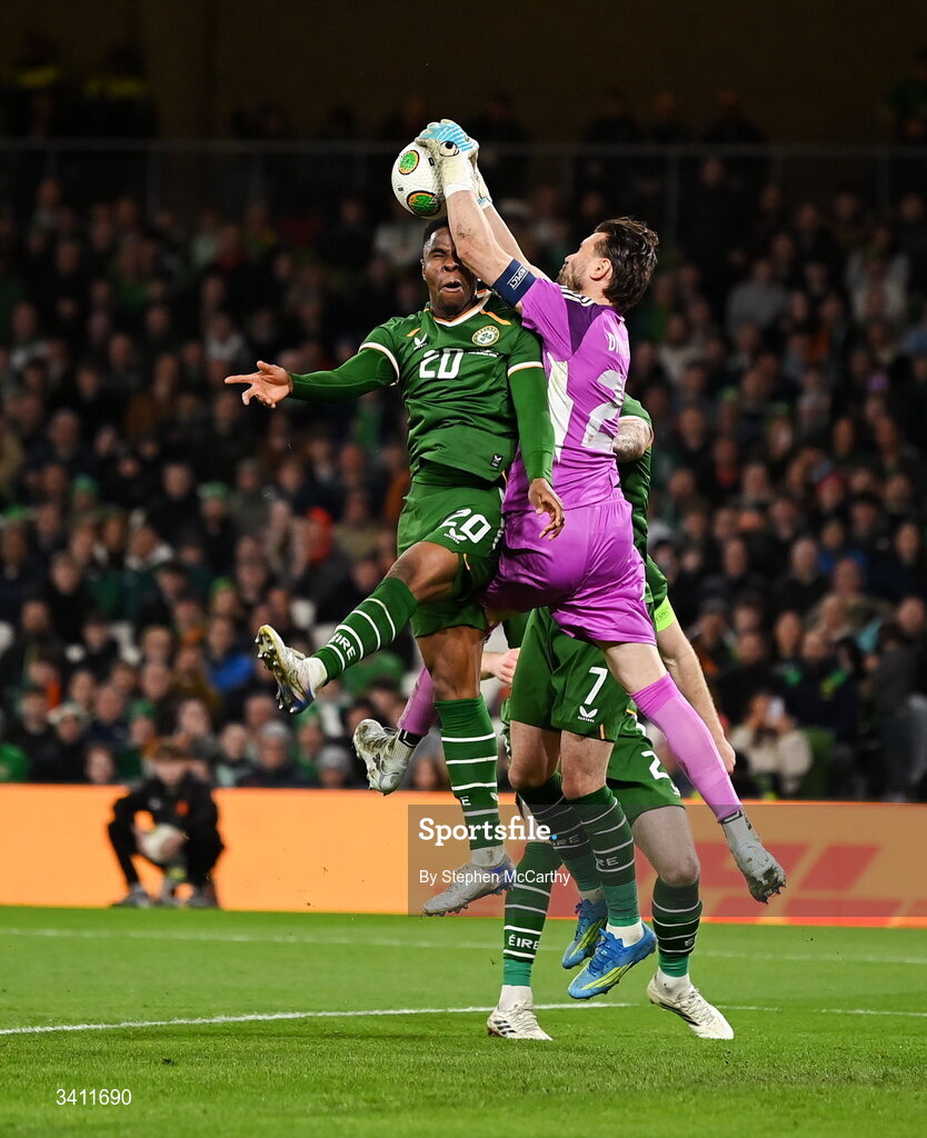 31 March 2026; Chiedozie Ogbene of Republic of Ireland in action against North Macedonia goalkeeper Stole Dimitrievski during the international friendly match between Republic of Ireland and North Macedonia at Aviva Stadium in Dublin. Photo by Stephen McCarthy/Sportsfile
