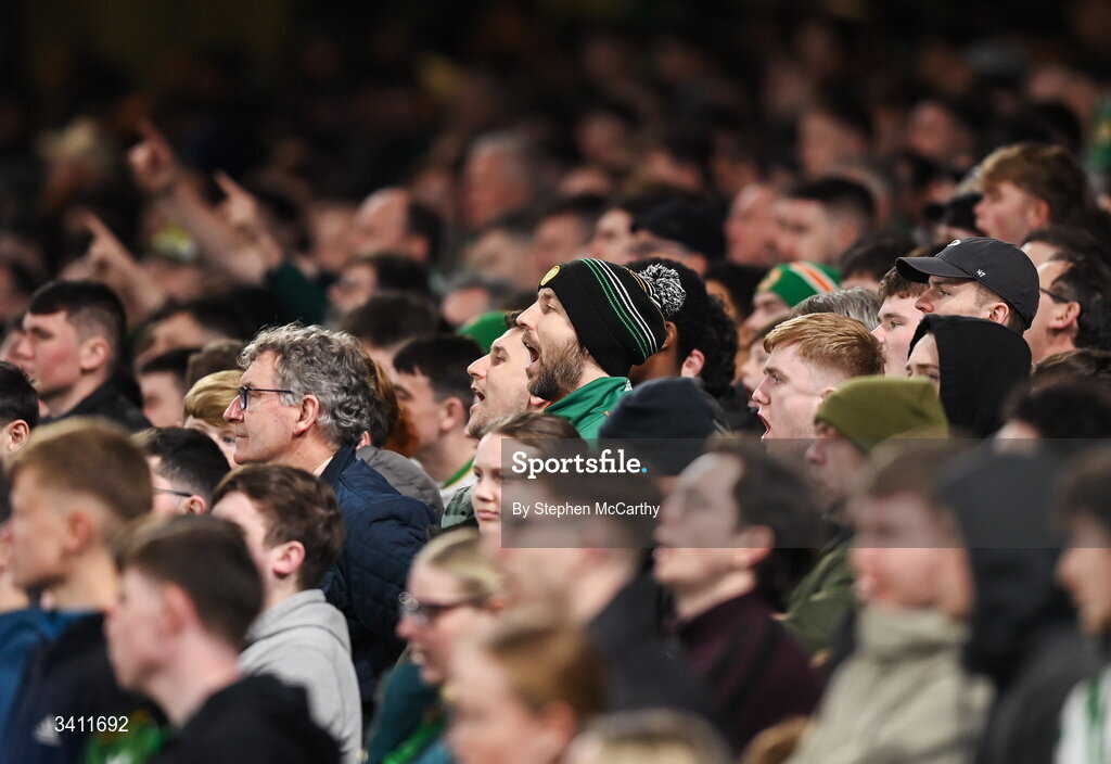 31 March 2026; Republic of Ireland supporters during the international friendly match between Republic of Ireland and North Macedonia at Aviva Stadium in Dublin. Photo by Stephen McCarthy/Sportsfile