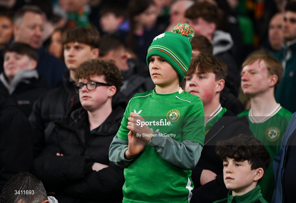 31 March 2026; Republic of Ireland supporters during the international friendly match between Republic of Ireland and North Macedonia at Aviva Stadium in Dublin. Photo by Stephen McCarthy/Sportsfile