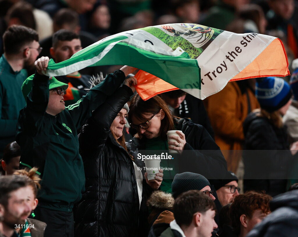 31 March 2026; Republic of Ireland suuporters during the international friendly match between Republic of Ireland and North Macedonia at Aviva Stadium in Dublin. Photo by Thomas Flinkow/Sportsfile