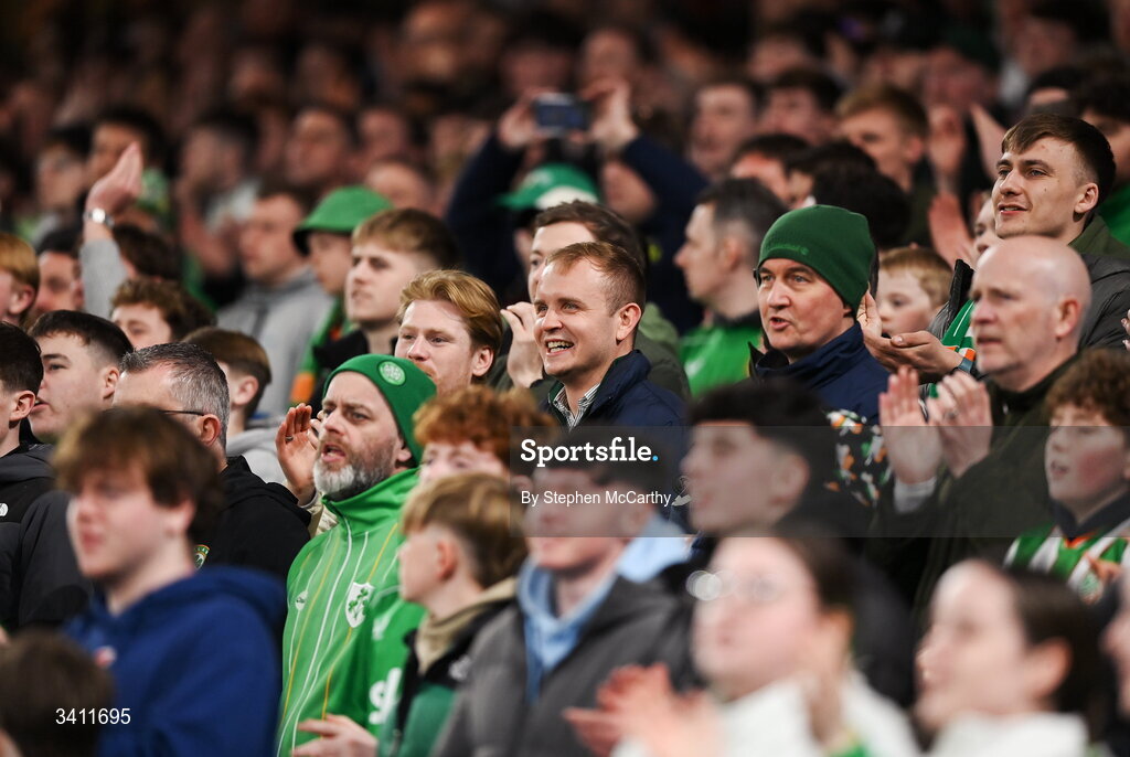 31 March 2026; Republic of Ireland supporters during the international friendly match between Republic of Ireland and North Macedonia at Aviva Stadium in Dublin. Photo by Stephen McCarthy/Sportsfile