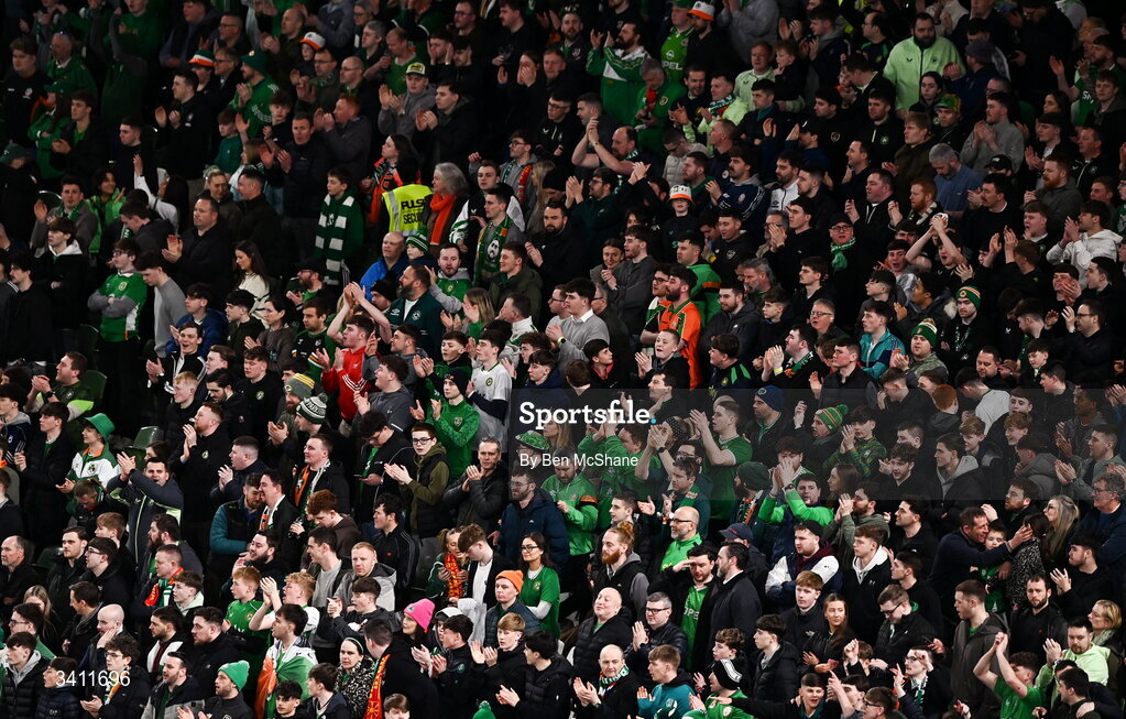31 March 2026; Republic of Ireland supporters during the international friendly match between Republic of Ireland and North Macedonia at Aviva Stadium in Dublin. Photo by Ben McShane/Sportsfile