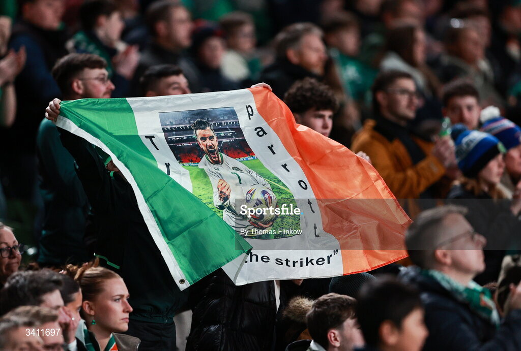 31 March 2026; Republic of Ireland supporters during the international friendly match between Republic of Ireland and North Macedonia at Aviva Stadium in Dublin. Photo by Thomas Flinkow/Sportsfile