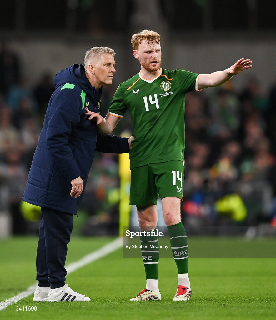31 March 2026; Liam Scales of Republic of Ireland with manager Heimir Hallgrimsson during the international friendly match between Republic of Ireland and North Macedonia at Aviva Stadium in Dublin. Photo by Stephen McCarthy/Sportsfile