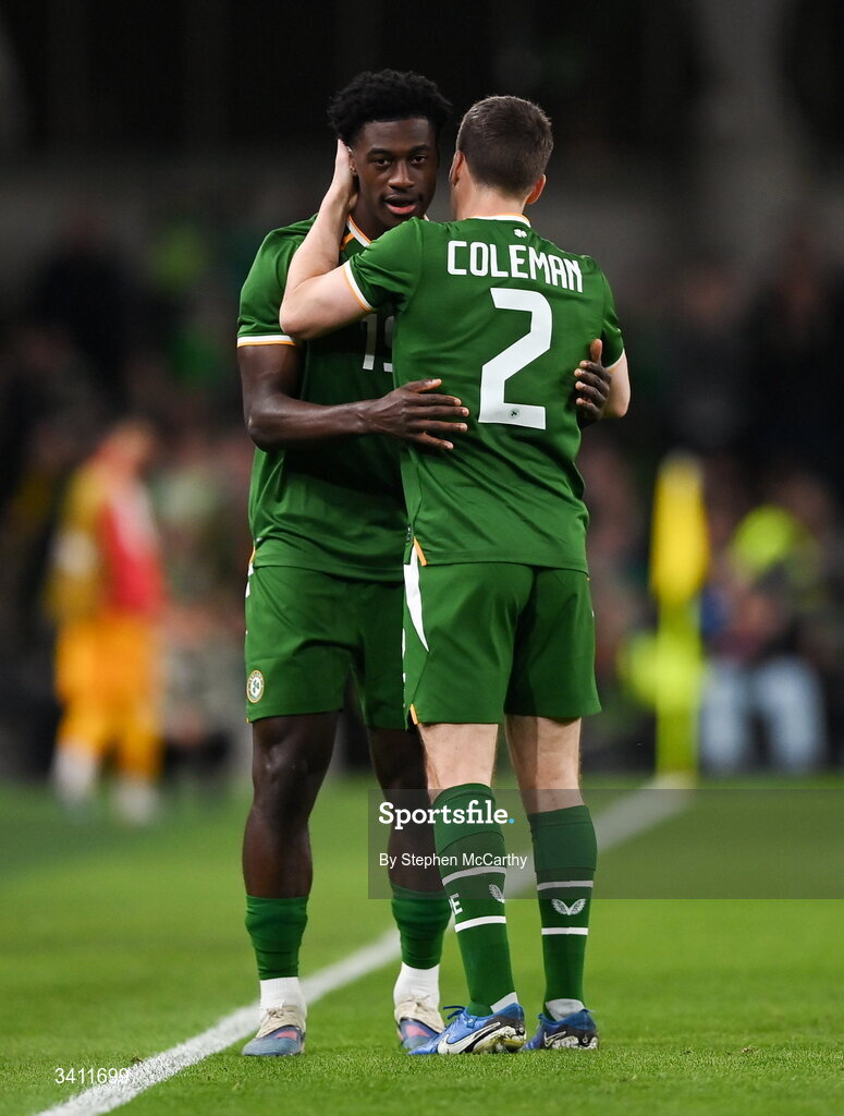31 March 2026; James Abankwah of Republic of Ireland, left, comes on as  substitute to replace teammate Seamus Coleman during the international friendly match between Republic of Ireland and North Macedonia at Aviva Stadium in Dublin. Photo by Stephen McCarthy/Sportsfile