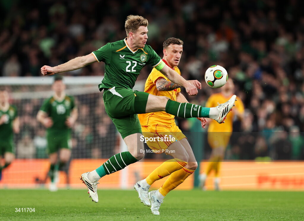 31 March 2026; Nathan Collins of Republic of Ireland Republic of Ireland  in action against Milan Ristovski of North Macedonia during the international friendly match between Republic of Ireland and North Macedonia at Aviva Stadium in Dublin. Photo by Michael P Ryan/Sportsfile