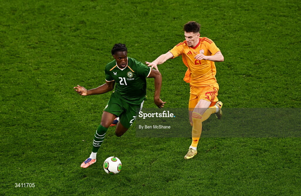 31 March 2026; Bosun Lawal of Republic of Ireland in action against Reshat Ramadani of North Macedonia during the international friendly match between Republic of Ireland and North Macedonia at Aviva Stadium in Dublin. Photo by Ben McShane/Sportsfile