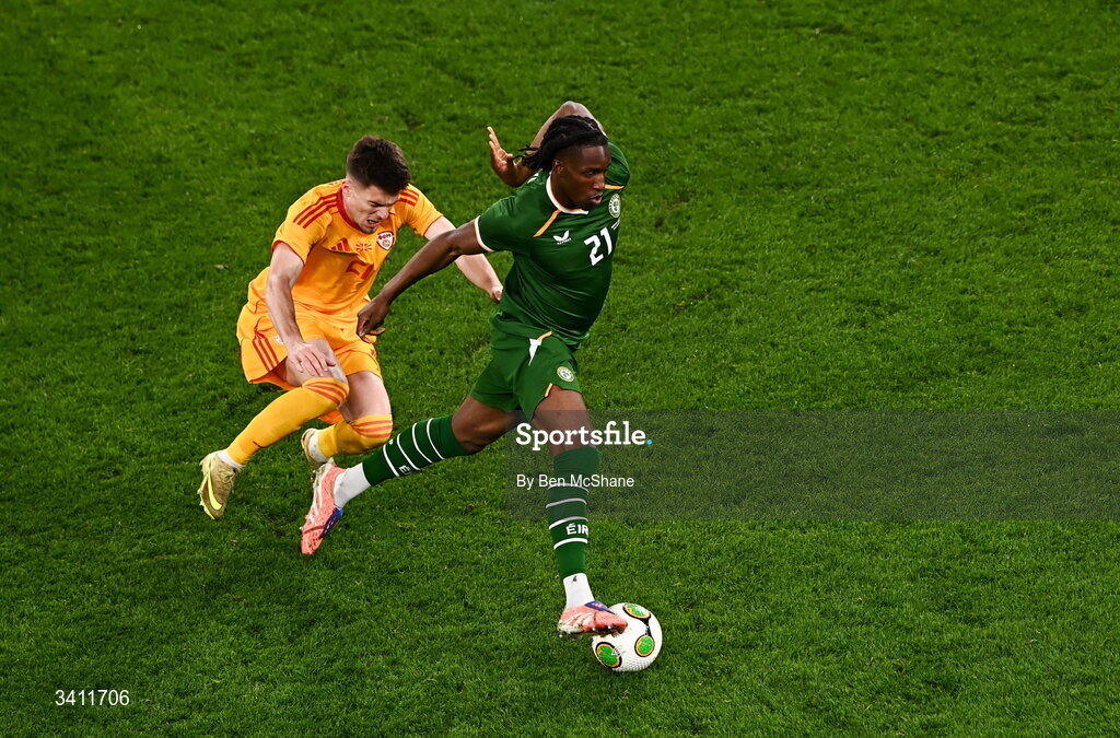 31 March 2026; Bosun Lawal of Republic of Ireland in action against Reshat Ramadani of North Macedonia during the international friendly match between Republic of Ireland and North Macedonia at Aviva Stadium in Dublin. Photo by Ben McShane/Sportsfile