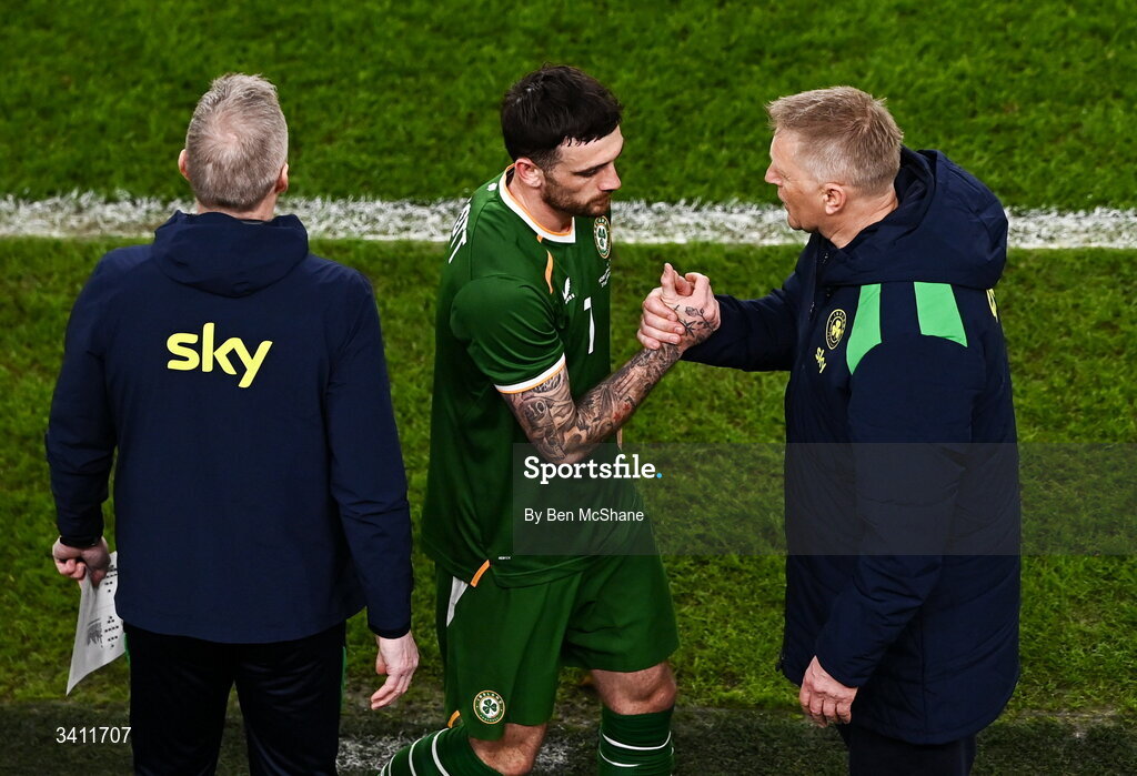 31 March 2026; Troy Parrott of Republic of Ireland, centre, with manager Heimir Hallgrimsson during the international friendly match between Republic of Ireland and North Macedonia at Aviva Stadium in Dublin. Photo by Ben McShane/Sportsfile