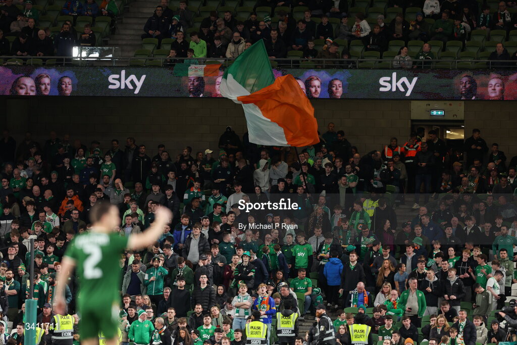 31 March 2026; Supporters watch on during the international friendly match between Republic of Ireland and North Macedonia at Aviva Stadium in Dublin. Photo by Michael P Ryan/Sportsfile