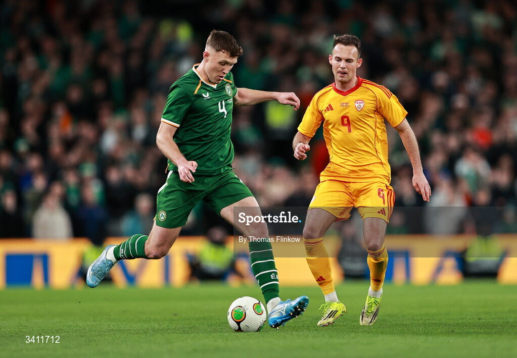 31 March 2026; Dara O'Shea of Republic of Ireland in action against Daniel Musovski of North Macedonia during the international friendly match between Republic of Ireland and North Macedonia at Aviva Stadium in Dublin. Photo by Thomas Flinkow/Sportsfile