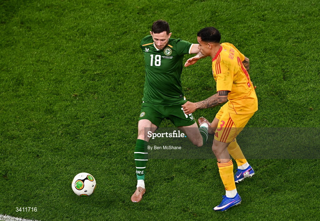 31 March 2026; Alan Browne of Republic of Ireland in action against Sebastijan Herera of North Macedonia during the international friendly match between Republic of Ireland and North Macedonia at Aviva Stadium in Dublin. Photo by Ben McShane/Sportsfile
