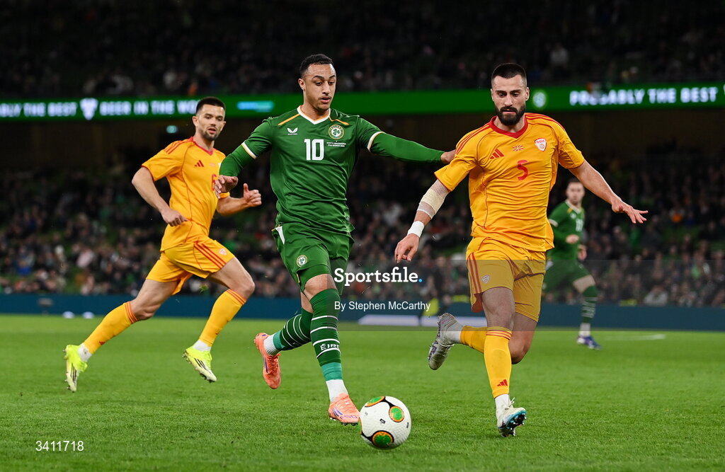 31 March 2026; Adam Idah of Republic of Ireland in action against Gjoko Zajkov of North Macedonia during the international friendly match between Republic of Ireland and North Macedonia at Aviva Stadium in Dublin. Photo by Stephen McCarthy/Sportsfile