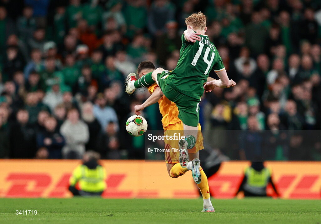 31 March 2026; Egzon Bejtulai of North Macedonia is tackled by Liam Scales of Republic of Ireland during the international friendly match between Republic of Ireland and North Macedonia at Aviva Stadium in Dublin. Photo by Thomas Flinkow/Sportsfile
