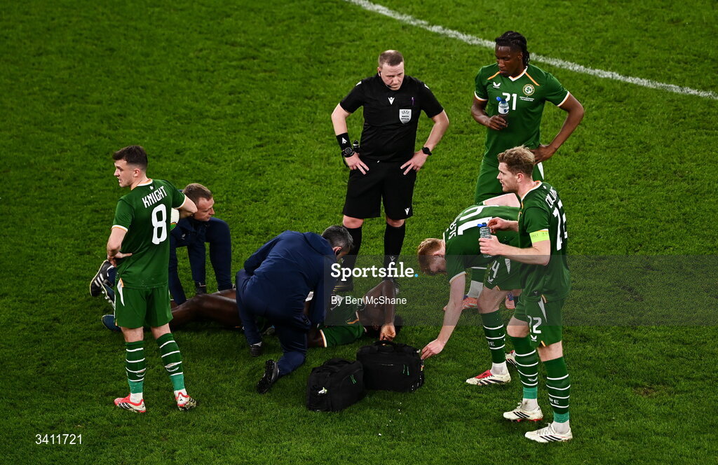 31 March 2026; James Abankwah of Republic of Ireland receives medical attention during the international friendly match between Republic of Ireland and North Macedonia at Aviva Stadium in Dublin. Photo by Ben McShane/Sportsfile
