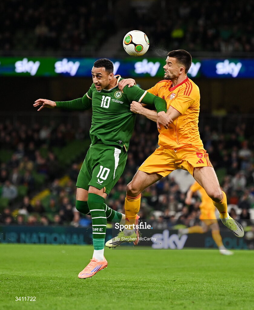 31 March 2026; Adam Idah of Republic of Ireland in action against Visar Musliu of North Macedonia during the international friendly match between Republic of Ireland and North Macedonia at Aviva Stadium in Dublin. Photo by Stephen McCarthy/Sportsfile