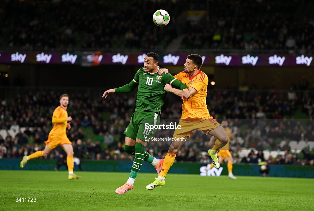 31 March 2026; Adam Idah of Republic of Ireland in action against Visar Musliu of North Macedonia during the international friendly match between Republic of Ireland and North Macedonia at Aviva Stadium in Dublin. Photo by Stephen McCarthy/Sportsfile