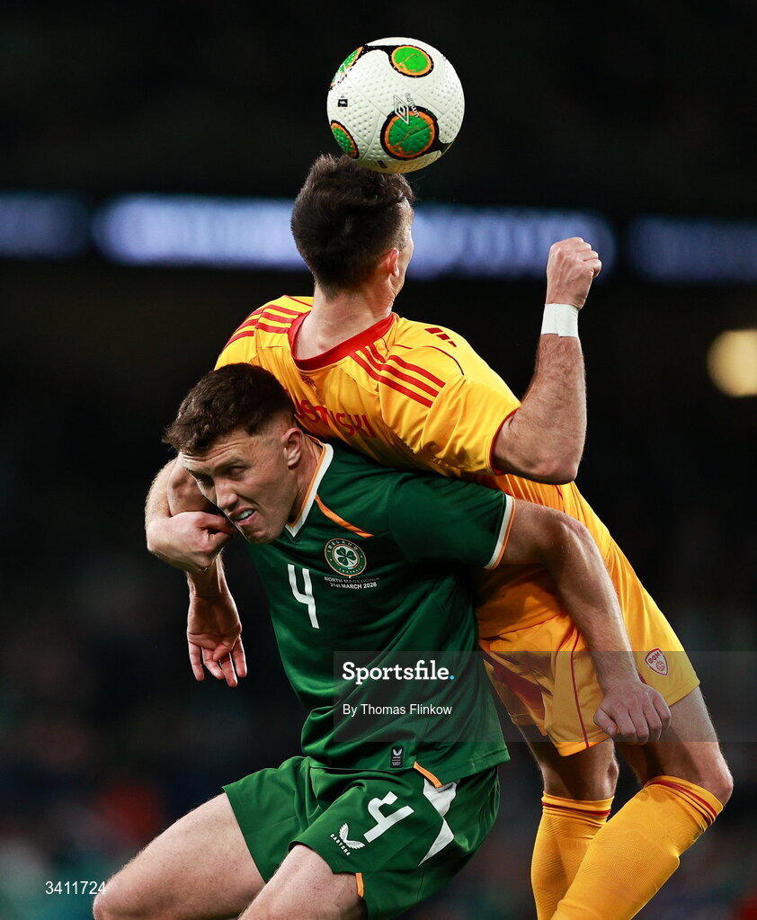 31 March 2026; Dara O'Shea of Republic of Ireland in action against Daniel Musovski of North Macedonia during the international friendly match between Republic of Ireland and North Macedonia at Aviva Stadium in Dublin. Photo by Thomas Flinkow/Sportsfile