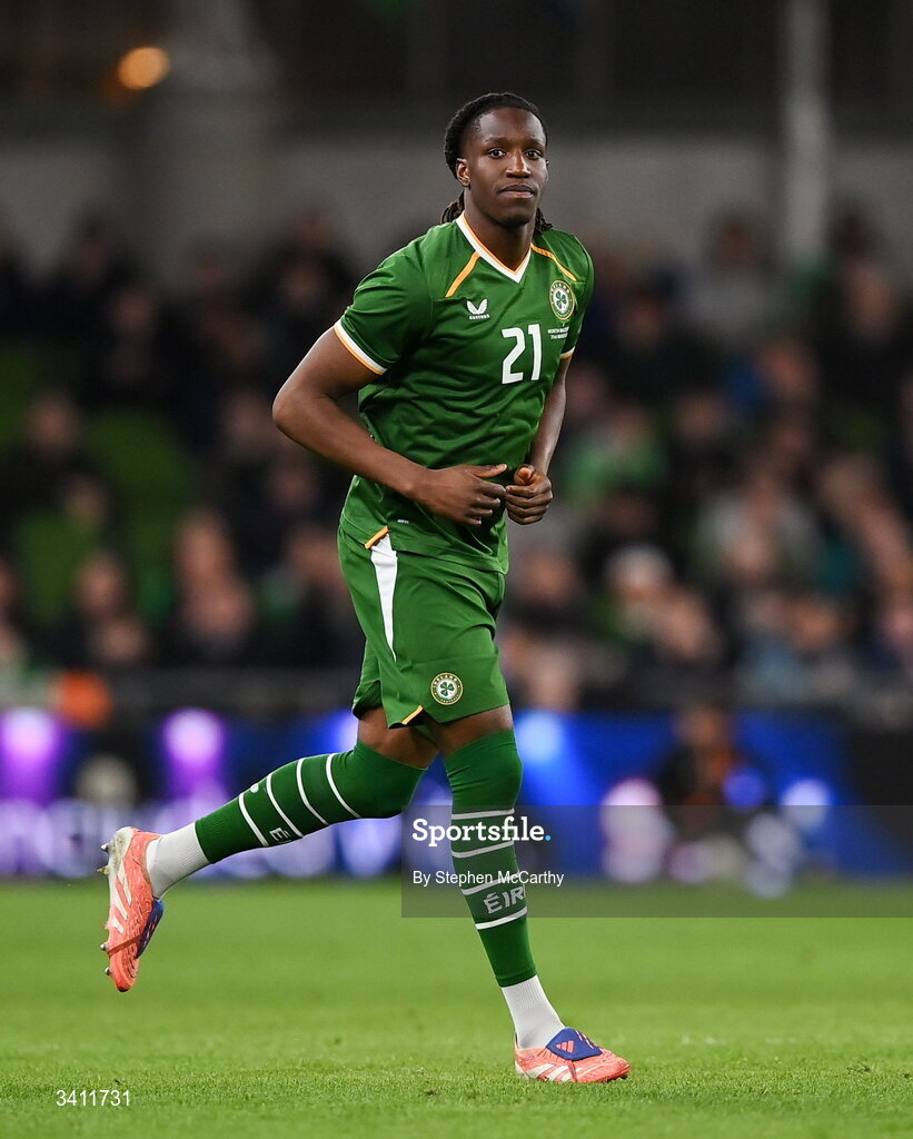 31 March 2026; Bosun Lawal of Republic of Ireland during the international friendly match between Republic of Ireland and North Macedonia at Aviva Stadium in Dublin. Photo by Stephen McCarthy/Sportsfile