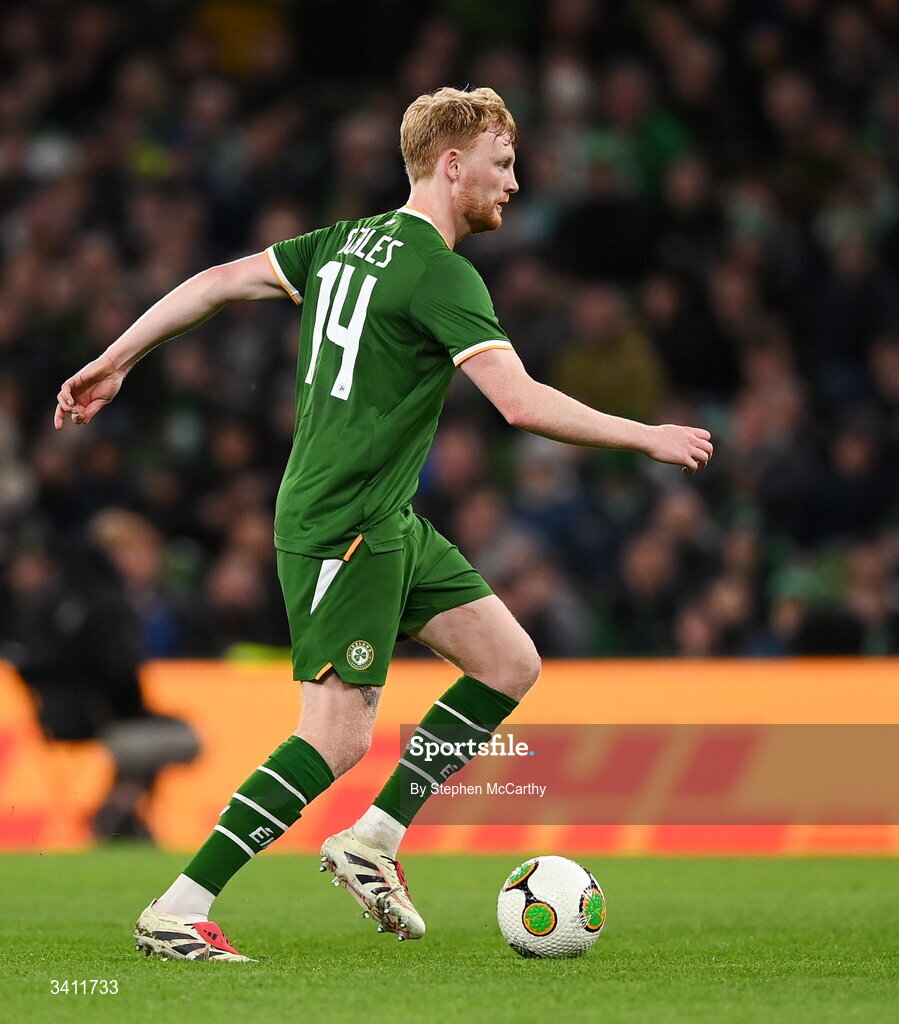 31 March 2026; Liam Scales of Republic of Ireland during the international friendly match between Republic of Ireland and North Macedonia at Aviva Stadium in Dublin. Photo by Stephen McCarthy/Sportsfile