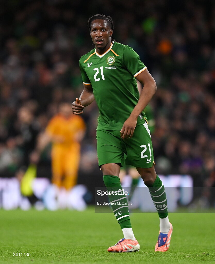 31 March 2026; Bosun Lawal of Republic of Ireland during the international friendly match between Republic of Ireland and North Macedonia at Aviva Stadium in Dublin. Photo by Stephen McCarthy/Sportsfile