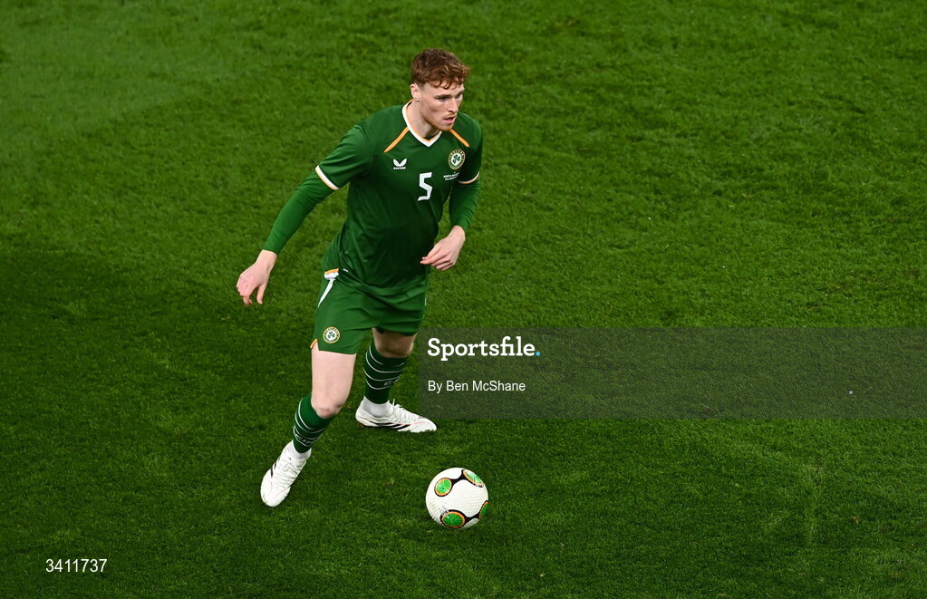 31 March 2026; Jake O'Brien of Republic of Ireland during the international friendly match between Republic of Ireland and North Macedonia at Aviva Stadium in Dublin. Photo by Ben McShane/Sportsfile
