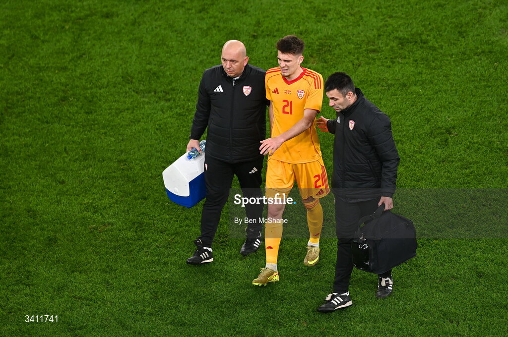 31 March 2026; Reshat Ramadani of North Macedonia leaves the pitch with an injury during the international friendly match between Republic of Ireland and North Macedonia at Aviva Stadium in Dublin. Photo by Ben McShane/Sportsfile