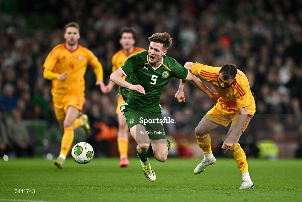 31 March 2026; Johnny Kenny of Republic of Ireland is tackled by Egzon Bejtulai of North Macedonia during the international friendly match between Republic of Ireland and North Macedonia at the Aviva Stadium in Dublin. Photo by Seb Daly/Sportsfile