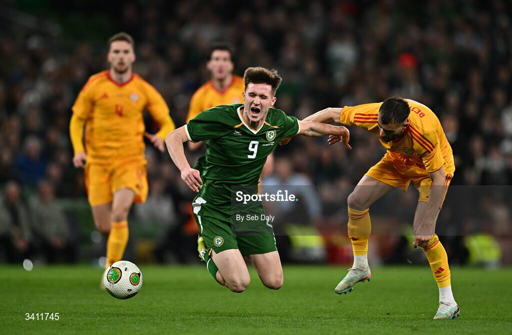 31 March 2026; Johnny Kenny of Republic of Ireland is tackled by Egzon Bejtulai of North Macedonia during the international friendly match between Republic of Ireland and North Macedonia at the Aviva Stadium in Dublin. Photo by Seb Daly/Sportsfile